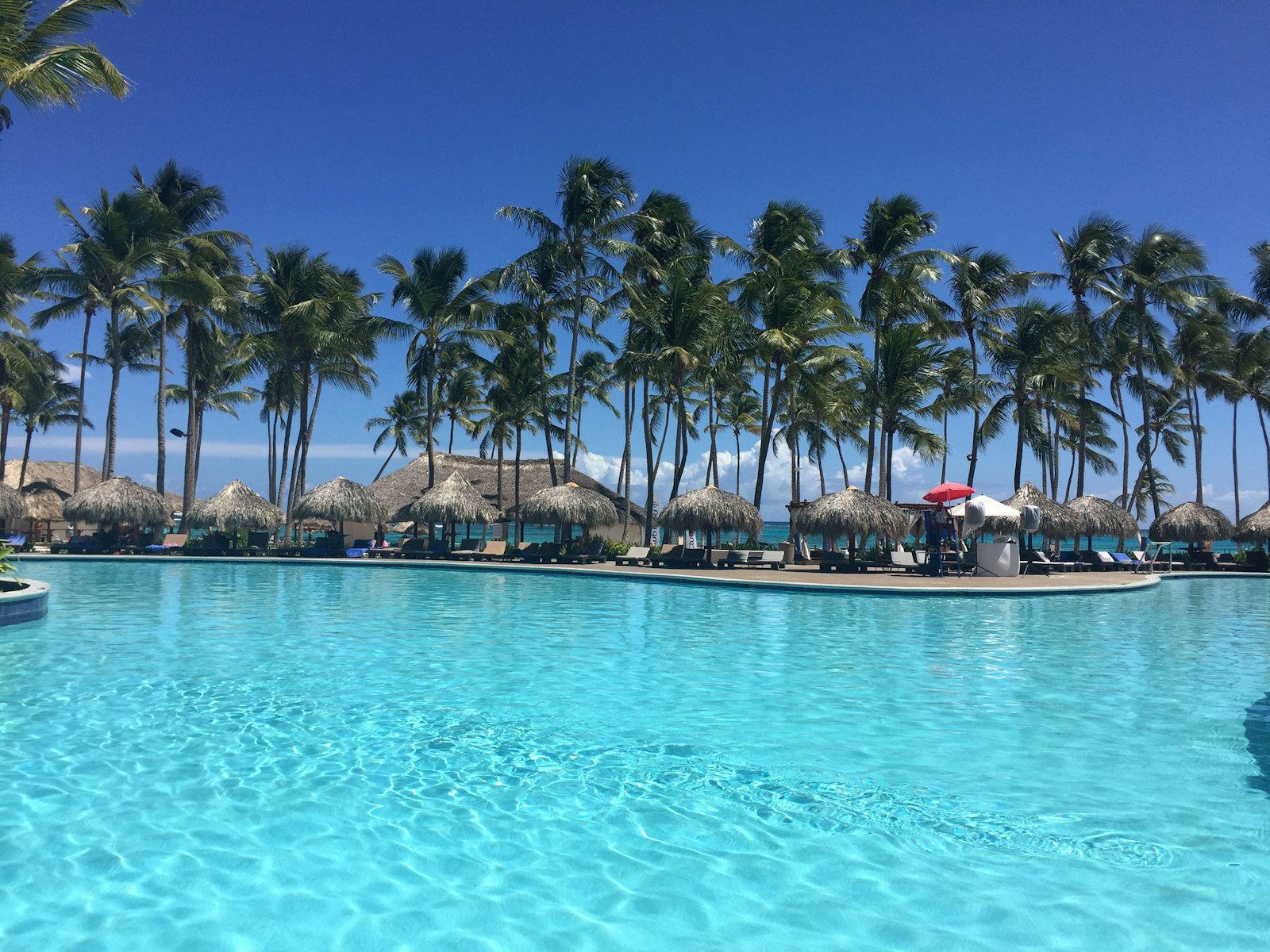 Piscina de resort todo incluido rodeada de palmeras en Punta Cana